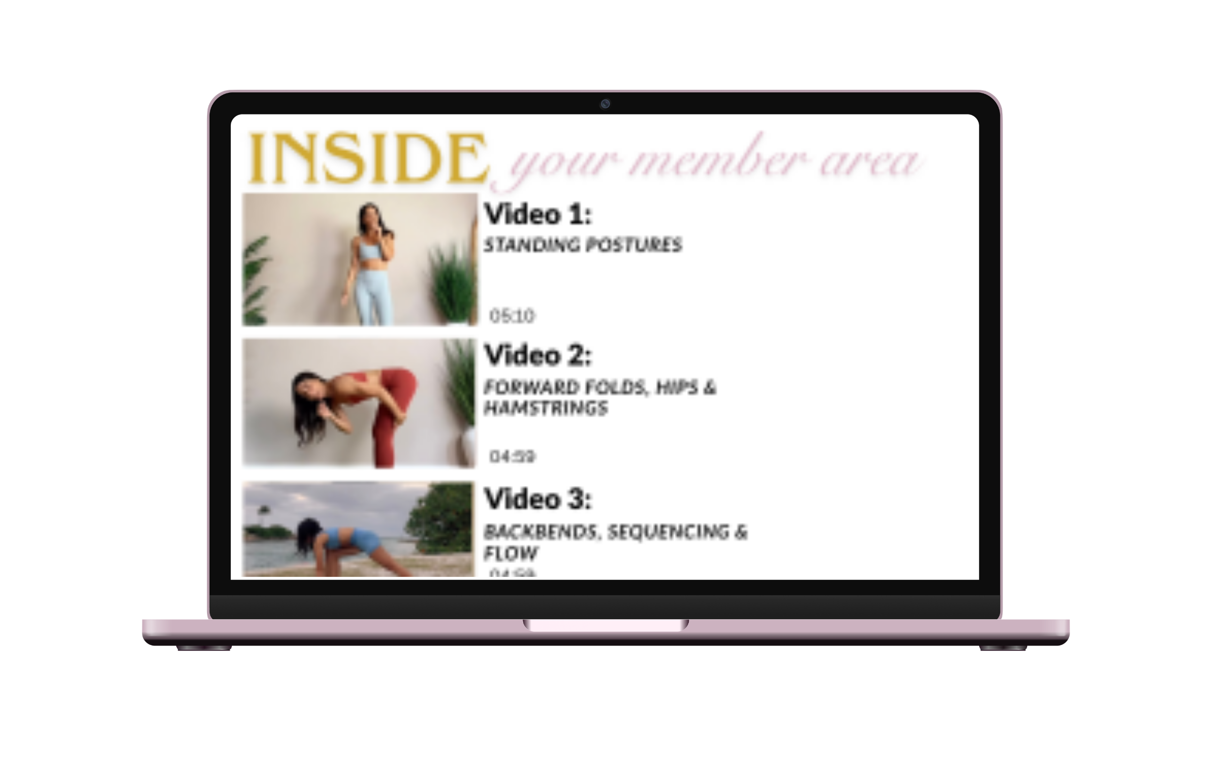Laptop displaying The Foundation course portal with weekly module videos and the alignment manual.